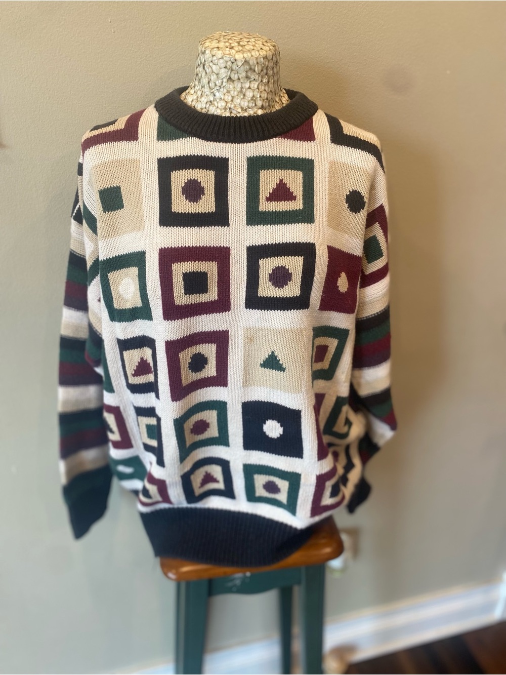 Vintage 90s Grandpa Core Geometric Crewneck Sweater in Cream, Green & Burgundy